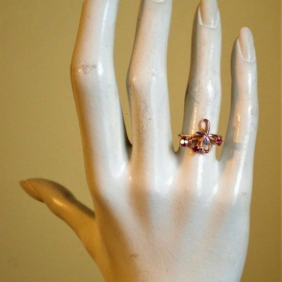 Vintage Russian Russia 14K 583 Rose Pink Gold Ruby Cluster Enamel Flower Ring - Picture 6 of 7